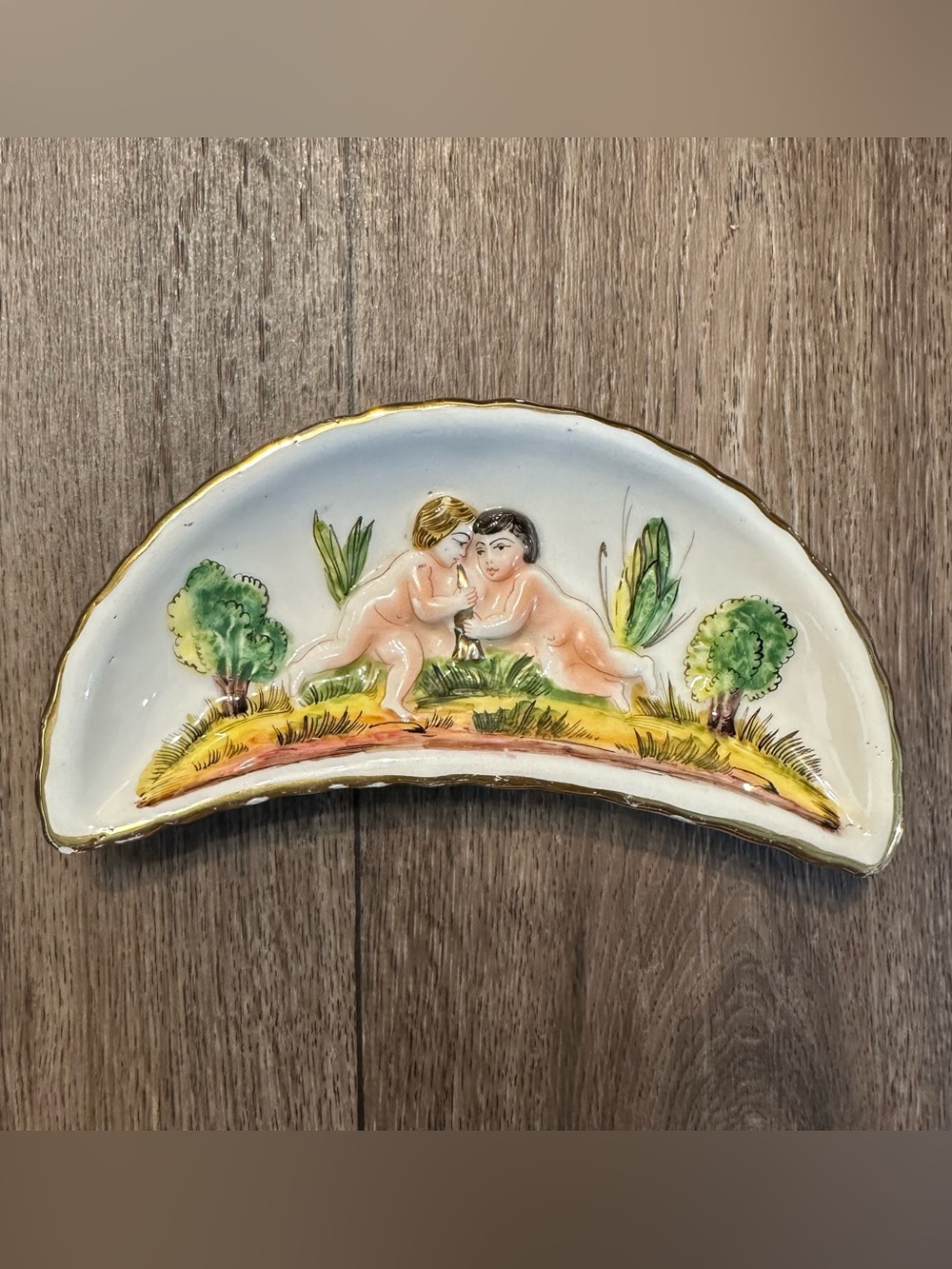 Capodimonte porcelain antique crescent shaped cherub bone dish trinket dish